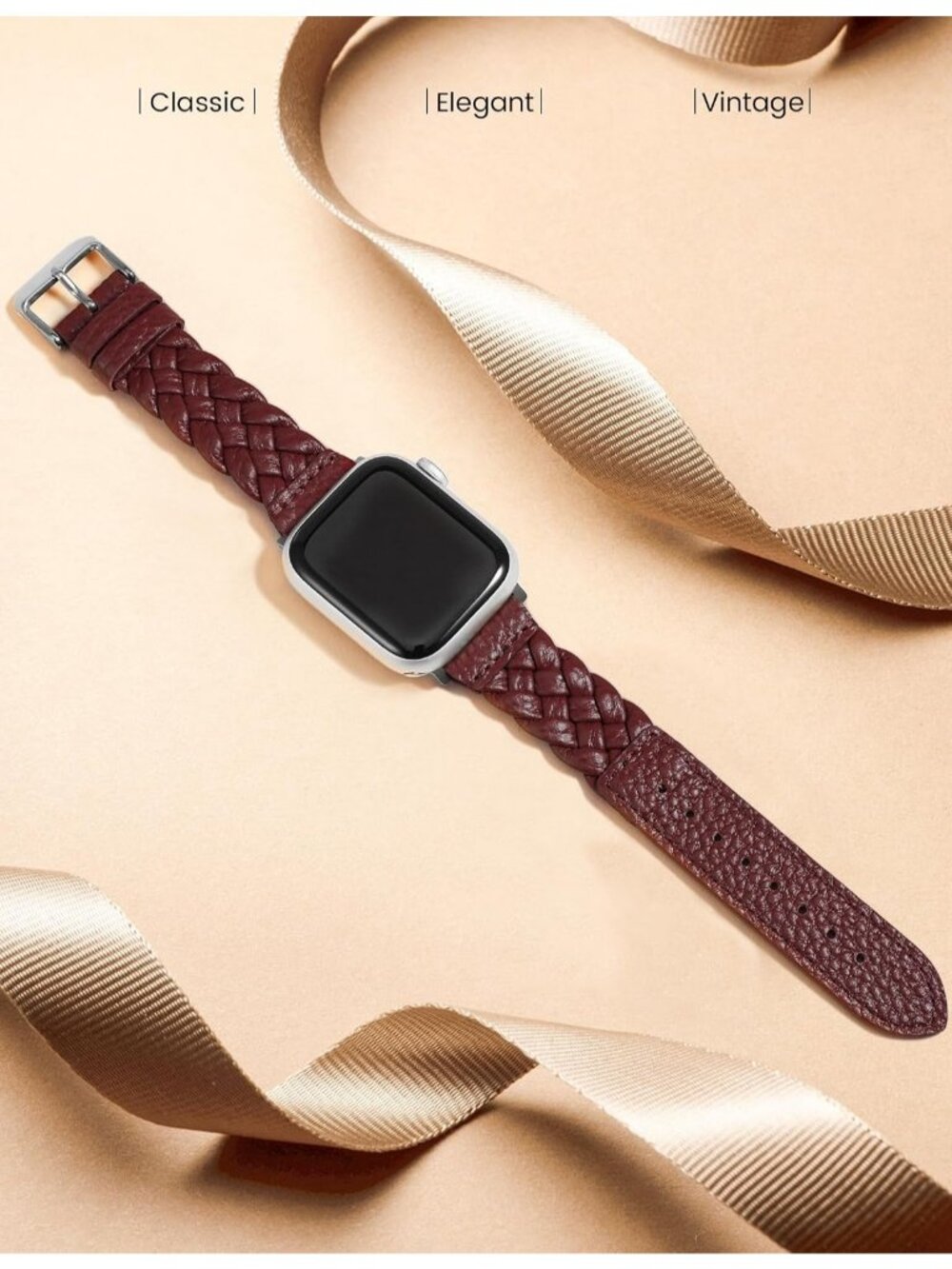 Women's Burgundy/Silver Braided Leather Strap Compatible with Apple Wrist Watch - Picture 4 of 7